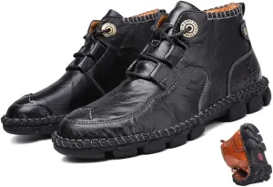 Mens Soft Leather Lace-Up Loafers Mid Top Vintage Hand Stitching Ankle Chukka Boots Outdoor Non-Slip Work Trekking Shoes