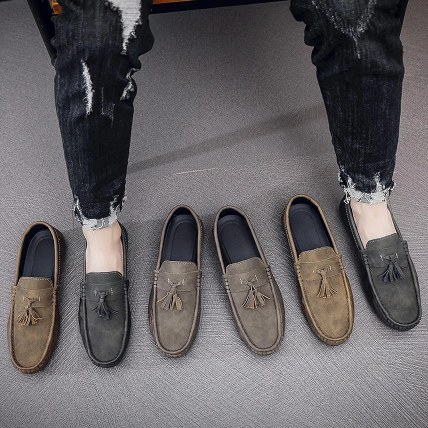 Men's Soft Leather Moccasin Boat Shoes Classic Tassel Low-Top Penny Shoes Comfortable Slip-On Non-Slip Walking Loafers
