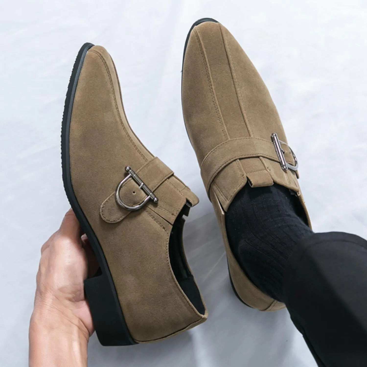 Men's Suede Leather Oxford Monk Strap Dress Shoes Black Slip-On Loafers with Silver Buckle Business Classic Formal Loafer for Men