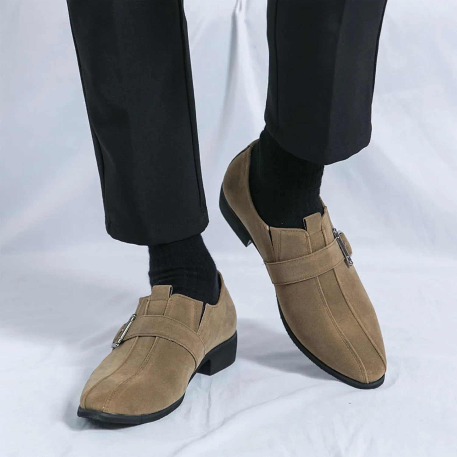 Men's Suede Leather Oxford Monk Strap Dress Shoes Black Slip-On Loafers with Silver Buckle Business Classic Formal Loafer for Men