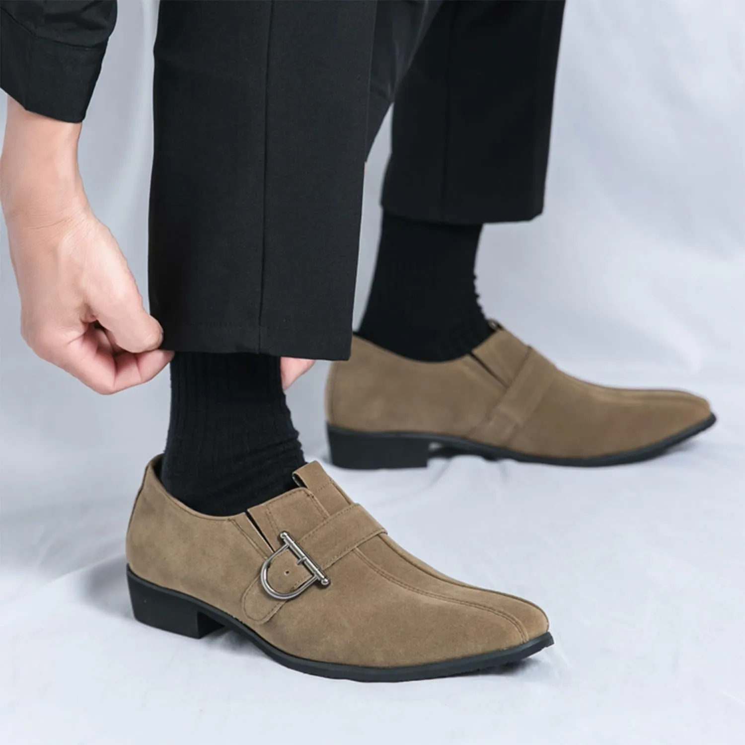 Men's Suede Leather Oxford Monk Strap Dress Shoes Black Slip-On Loafers with Silver Buckle Business Classic Formal Loafer for Men