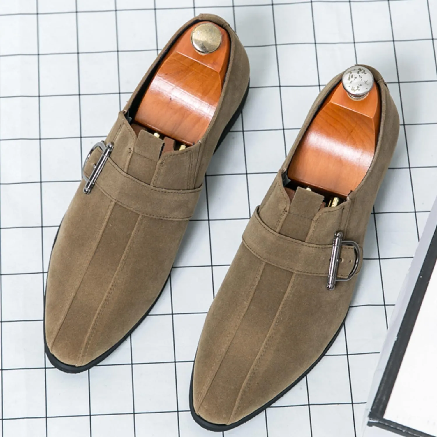 Men's Suede Leather Oxford Monk Strap Dress Shoes Black Slip-On Loafers with Silver Buckle Business Classic Formal Loafer for Men