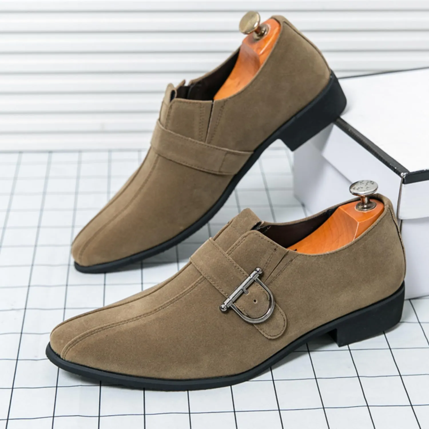 Men's Suede Leather Oxford Monk Strap Dress Shoes Black Slip-On Loafers with Silver Buckle Business Classic Formal Loafer for Men