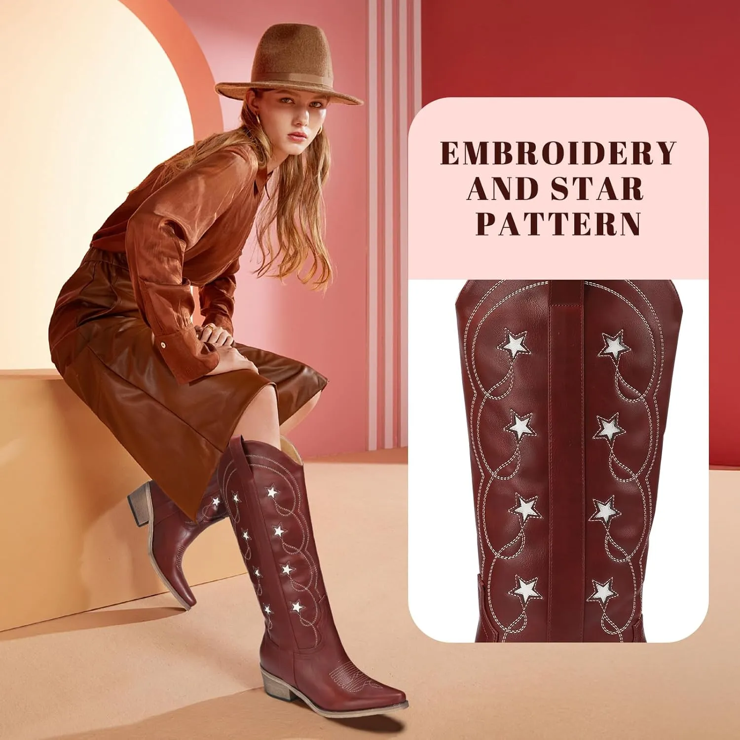 Mid Calf Cowgirl Boots with Stars Inlay Chunky Block Heels and Snip Toe Trend Shoes Stylish Embroidery Western Knee High Boots Cute Cowboy Boots For Ladies Casual Dressy Party