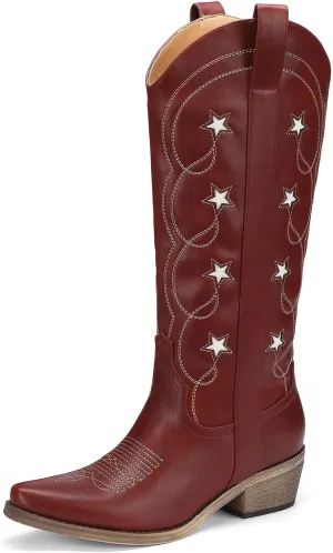 Mid Calf Cowgirl Boots with Stars Inlay Chunky Block Heels and Snip Toe Trend Shoes Stylish Embroidery Western Knee High Boots Cute Cowboy Boots For Ladies Casual Dressy Party