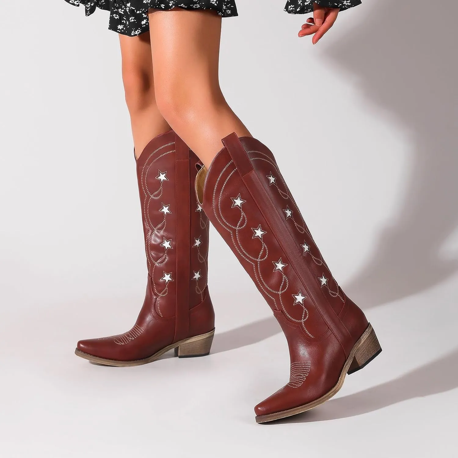 Mid Calf Cowgirl Boots with Stars Inlay Chunky Block Heels and Snip Toe Trend Shoes Stylish Embroidery Western Knee High Boots Cute Cowboy Boots For Ladies Casual Dressy Party