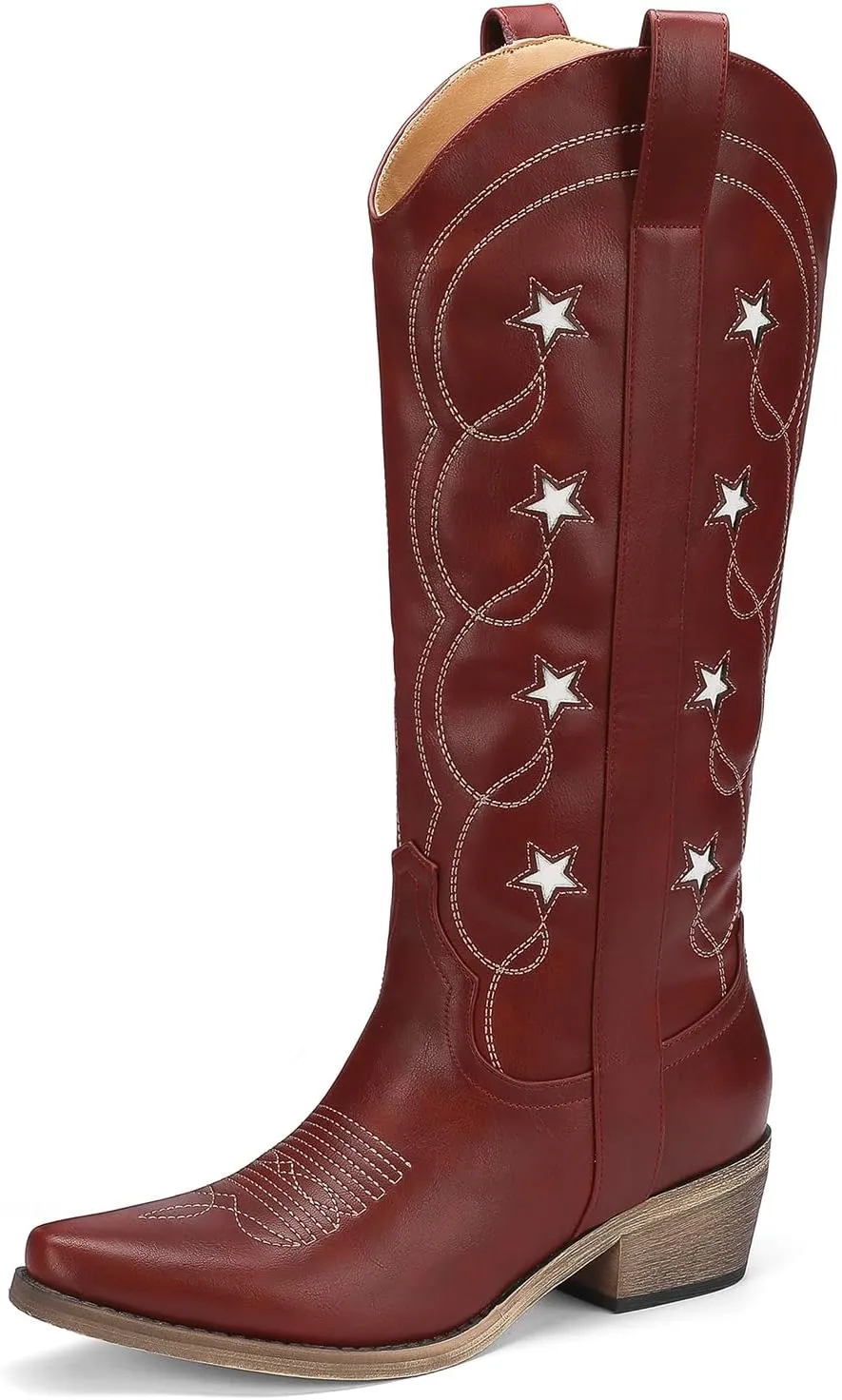Mid Calf Cowgirl Boots with Stars Inlay Chunky Block Heels and Snip Toe Trend Shoes Stylish Embroidery Western Knee High Boots Cute Cowboy Boots For Ladies Casual Dressy Party