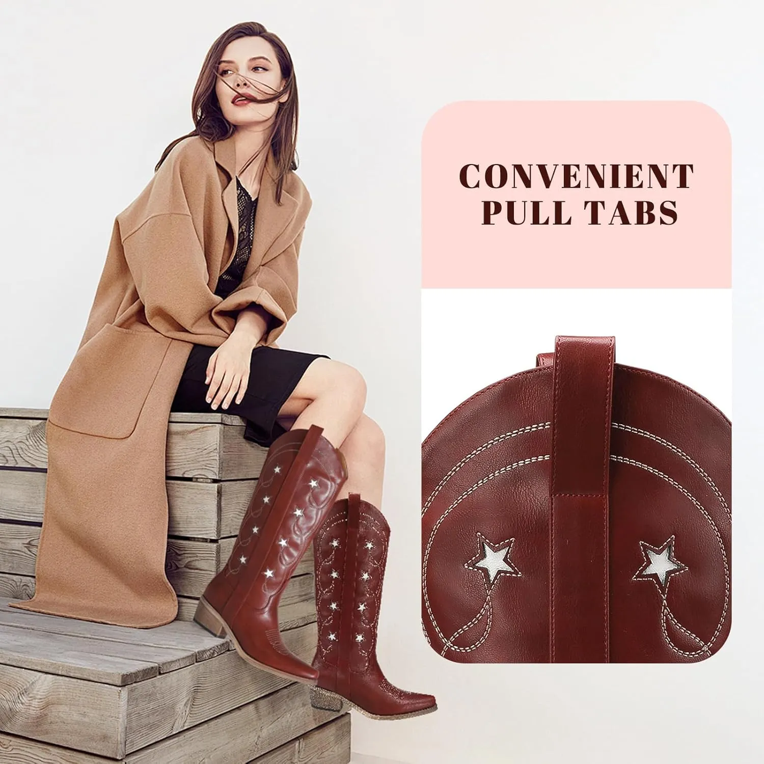 Mid Calf Cowgirl Boots with Stars Inlay Chunky Block Heels and Snip Toe Trend Shoes Stylish Embroidery Western Knee High Boots Cute Cowboy Boots For Ladies Casual Dressy Party
