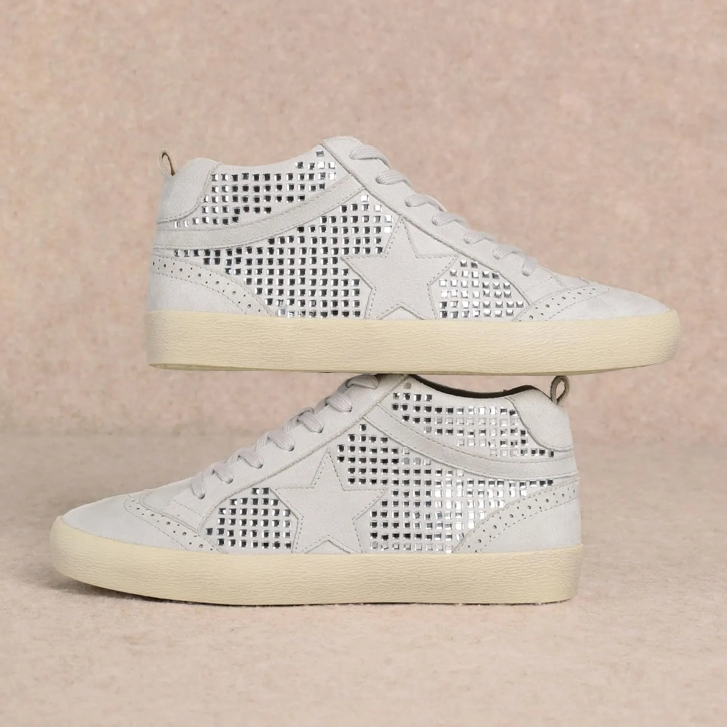 Mi.iM Daisy Rubber Sole Lace-up Glitter Suede Mid Star Sneakers