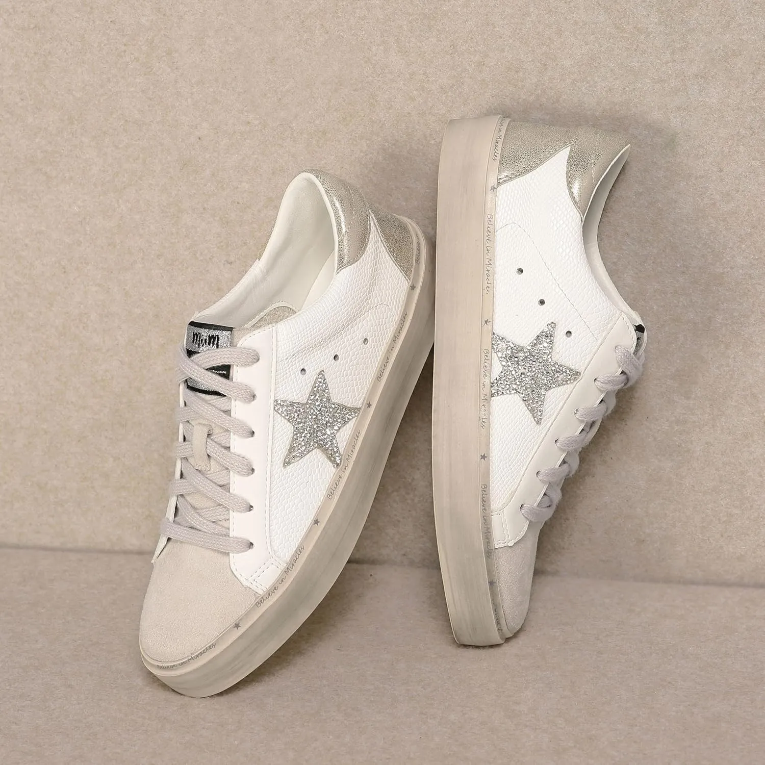 Mi.iM Gaby Rubber Sole Lace-up Snake Print Suede Star Sneakers