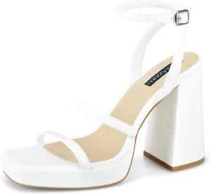 MIRAAZZURRA Platform Strappy Heel Sandals Square Open Toe Two Strap Chunky High Heeled Sandals with Buckle Ankle Strap for Women Party Wedding Dress