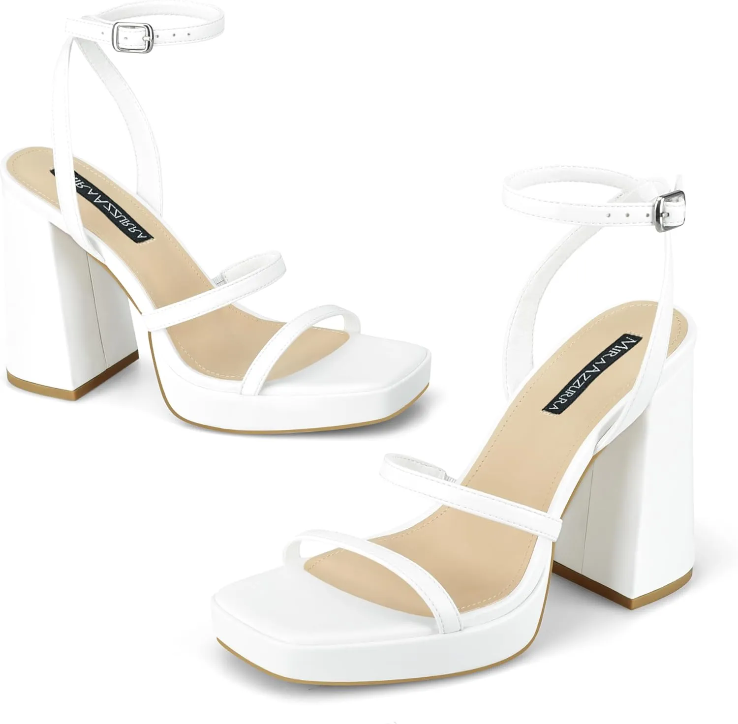 MIRAAZZURRA Platform Strappy Heel Sandals Square Open Toe Two Strap Chunky High Heeled Sandals with Buckle Ankle Strap for Women Party Wedding Dress