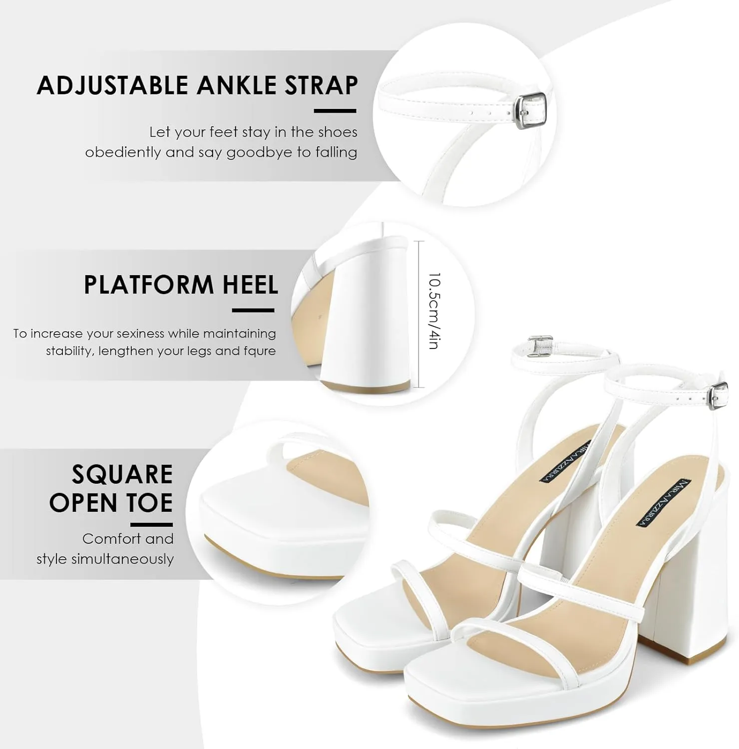 MIRAAZZURRA Platform Strappy Heel Sandals Square Open Toe Two Strap Chunky High Heeled Sandals with Buckle Ankle Strap for Women Party Wedding Dress