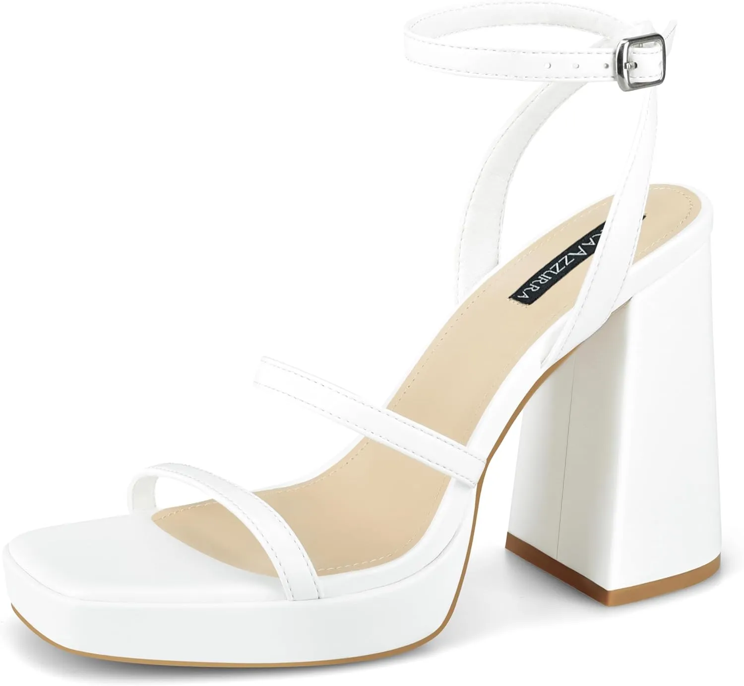 MIRAAZZURRA Platform Strappy Heel Sandals Square Open Toe Two Strap Chunky High Heeled Sandals with Buckle Ankle Strap for Women Party Wedding Dress