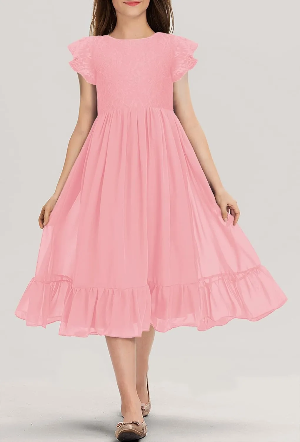 MITILLY Girls Elegant Lace Flower Crew Neck Ruffle Chiffon A-Line Flowy Birthday Party Midi Dress