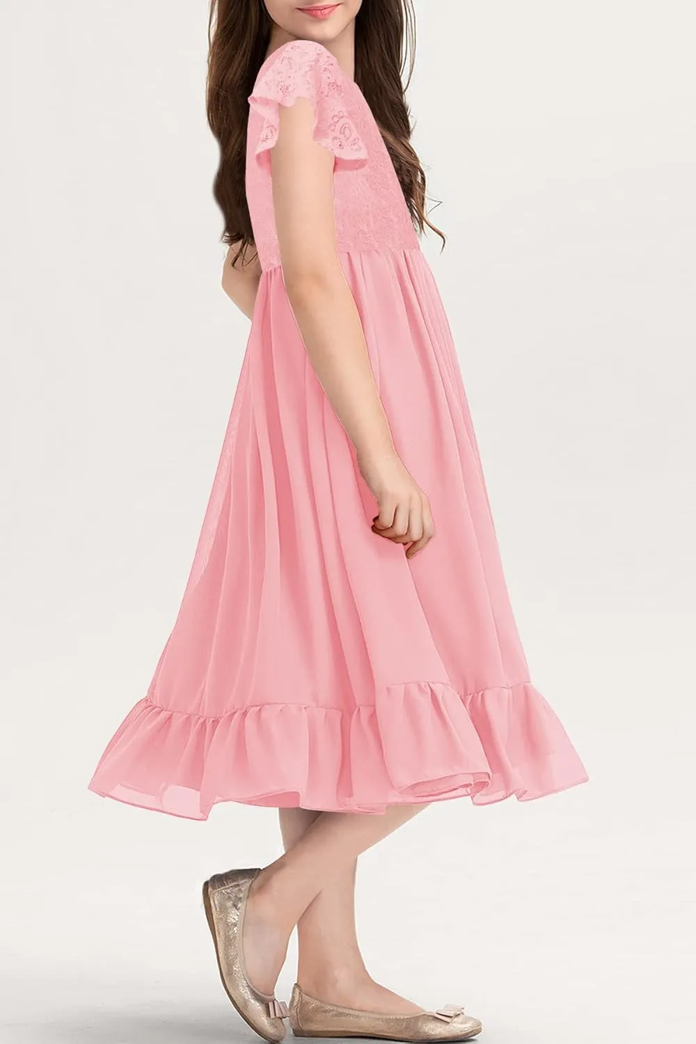 MITILLY Girls Elegant Lace Flower Crew Neck Ruffle Chiffon A-Line Flowy Birthday Party Midi Dress