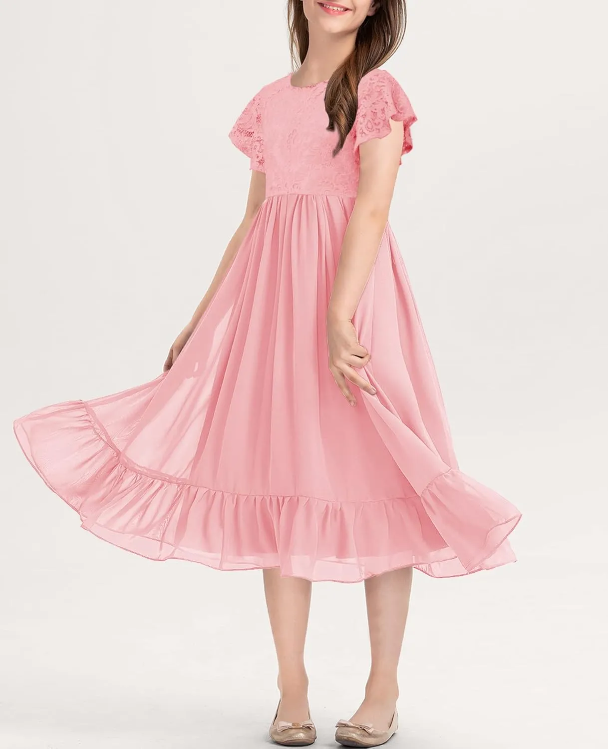 MITILLY Girls Elegant Lace Flower Crew Neck Ruffle Chiffon A-Line Flowy Birthday Party Midi Dress