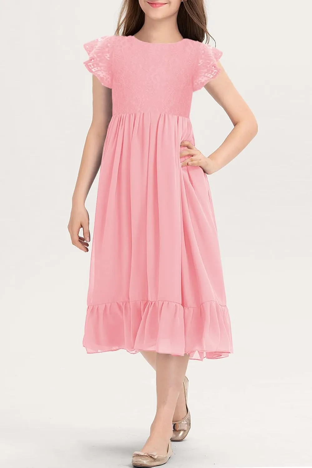 MITILLY Girls Elegant Lace Flower Crew Neck Ruffle Chiffon A-Line Flowy Birthday Party Midi Dress