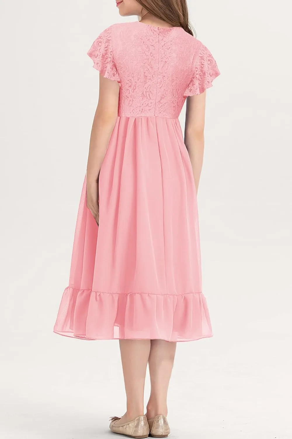 MITILLY Girls Elegant Lace Flower Crew Neck Ruffle Chiffon A-Line Flowy Birthday Party Midi Dress