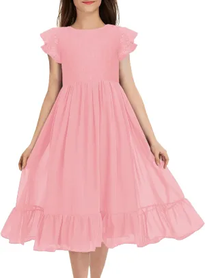 MITILLY Girls Elegant Lace Flower Crew Neck Ruffle Chiffon A-Line Flowy Birthday Party Midi Dress