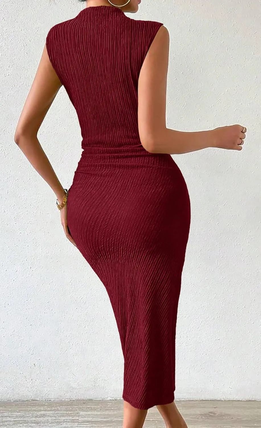 MITILLY Women Summer Formal Wedding Guest Dress Elegant High Neck Sleeveless Ruched Bodycon Midi Dress with Side Slit