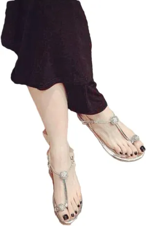 Mkjuuior Women's Sandals Diamond Round Toe Shoes Summer Low Heel Sandals Flat Beach Shoes