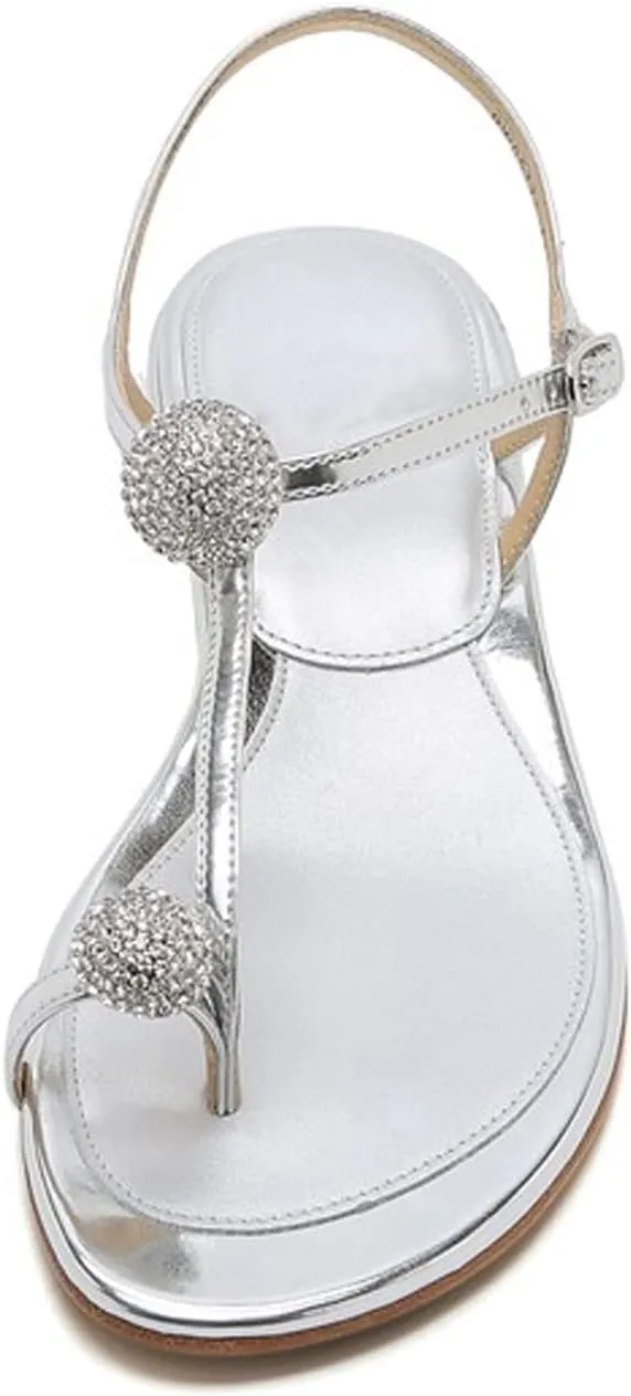 Mkjuuior Women's Sandals Diamond Round Toe Shoes Summer Low Heel Sandals Flat Beach Shoes