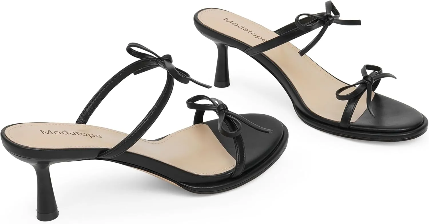 Modatope Two Strap Bow Tie Kitten Heel Sandals for Women Rounded Open Toe Heeled Sandals Women