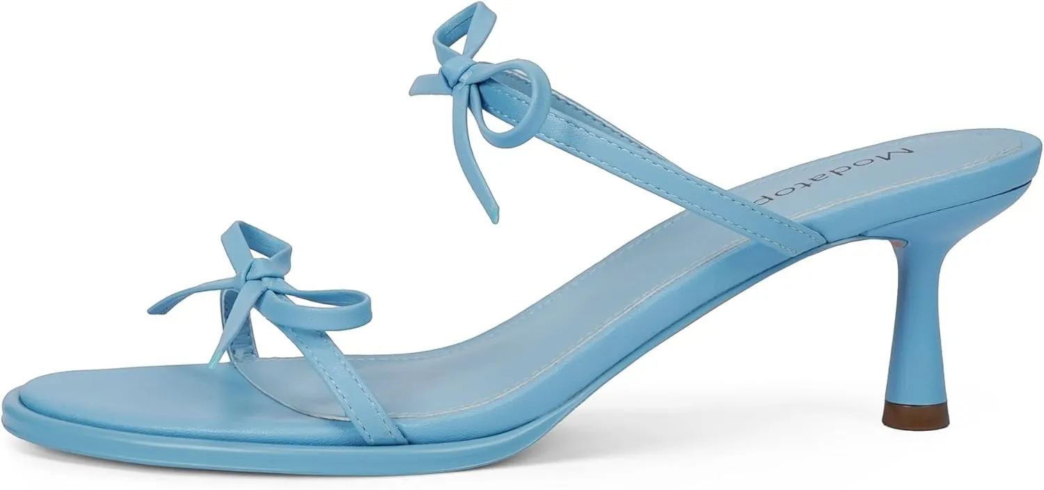 Modatope Two Strap Bow Tie Kitten Heel Sandals for Women Rounded Open Toe Heeled Sandals Women