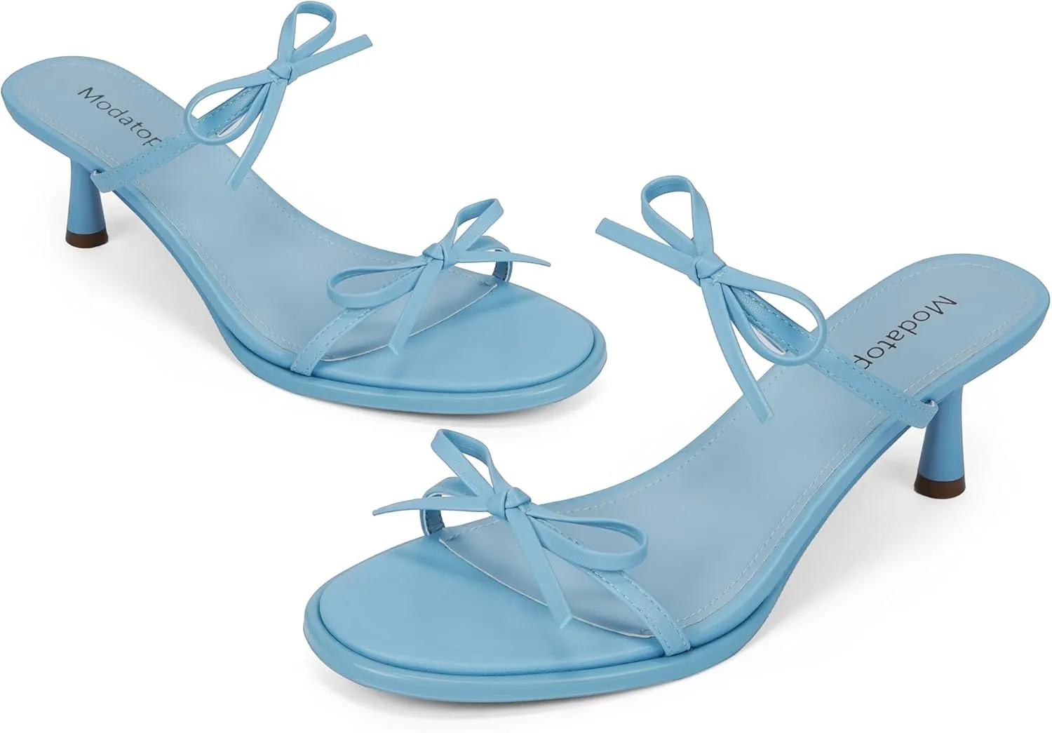 Modatope Two Strap Bow Tie Kitten Heel Sandals for Women Rounded Open Toe Heeled Sandals Women