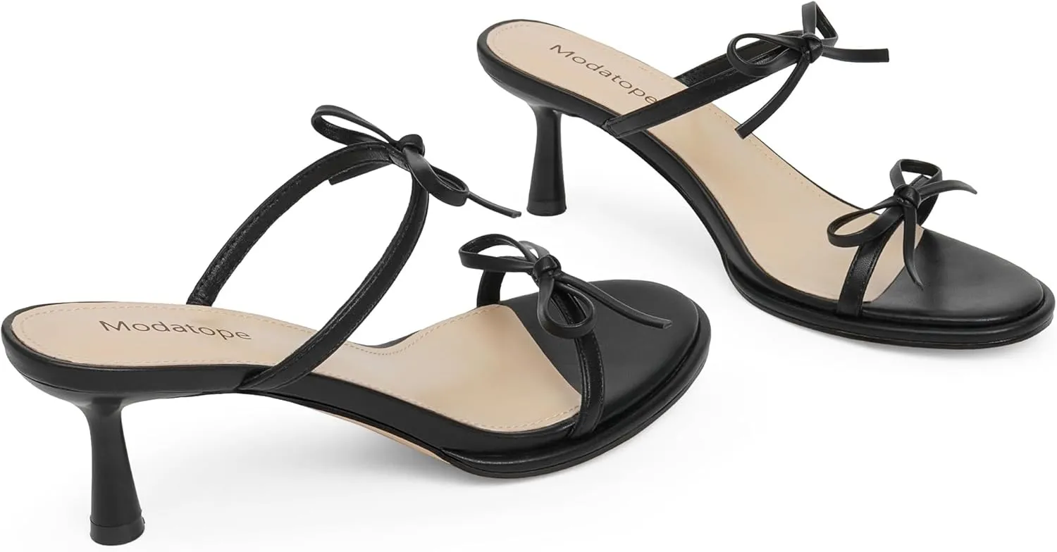 Modatope Two Strap Bow Tie Kitten Heel Sandals for Women Rounded Open Toe Heeled Sandals Women