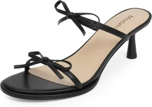Modatope Two Strap Bow Tie Kitten Heel Sandals for Women Rounded Open Toe Heeled Sandals Women