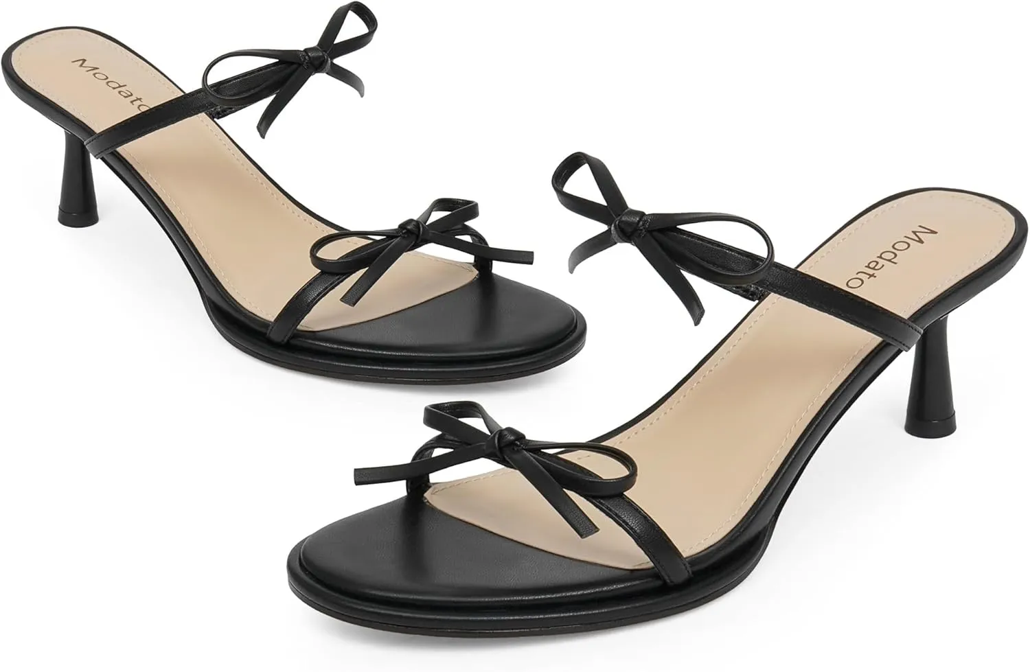 Modatope Two Strap Bow Tie Kitten Heel Sandals for Women Rounded Open Toe Heeled Sandals Women