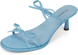 Modatope Two Strap Bow Tie Kitten Heel Sandals for Women Rounded Open Toe Heeled Sandals Women