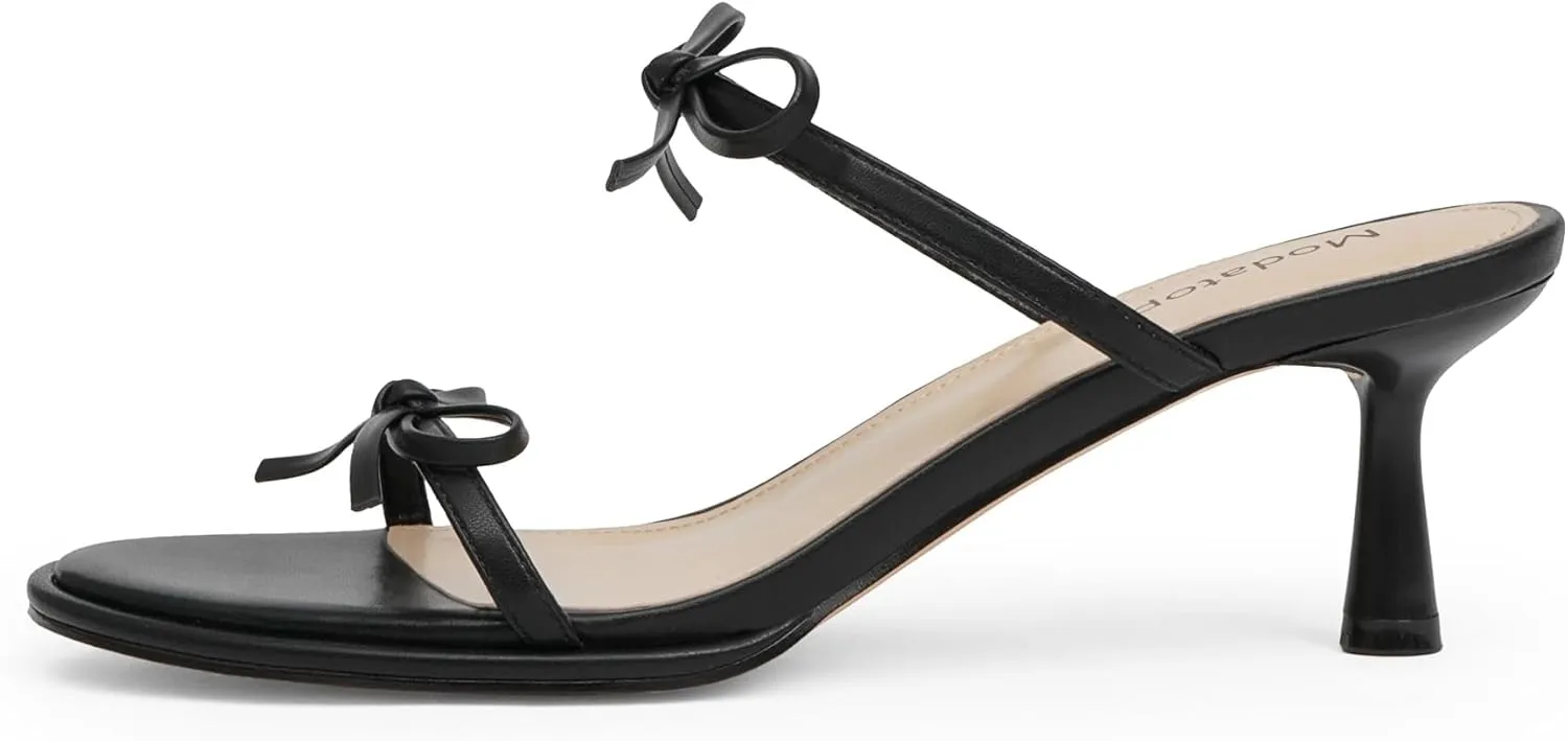 Modatope Two Strap Bow Tie Kitten Heel Sandals for Women Rounded Open Toe Heeled Sandals Women