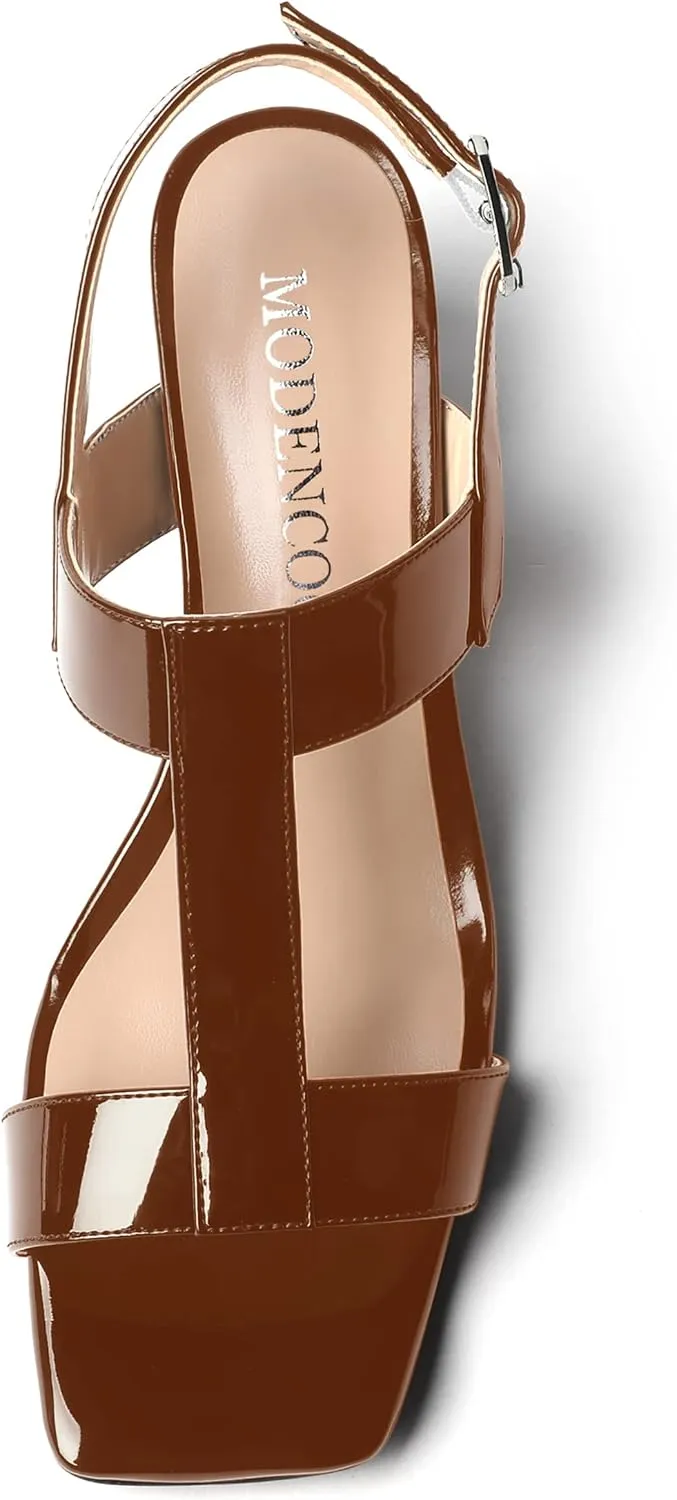 MODENCOCO Women's Buckle Dressy Patent Comfortable Dating Ankle Strap Open Toe Chunky Low Heel Heeled Sandals 2 Inch