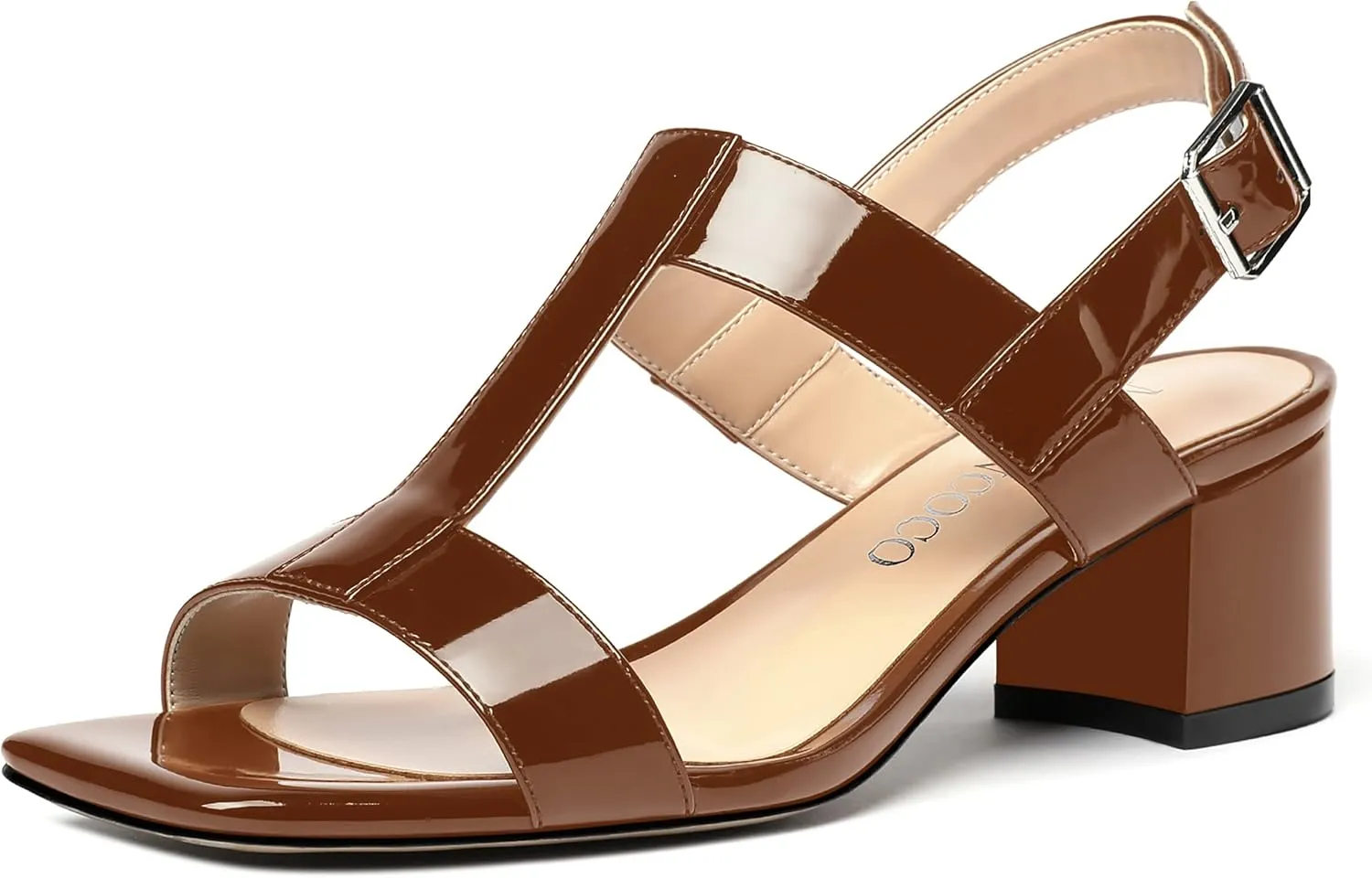 MODENCOCO Women's Buckle Dressy Patent Comfortable Dating Ankle Strap Open Toe Chunky Low Heel Heeled Sandals 2 Inch
