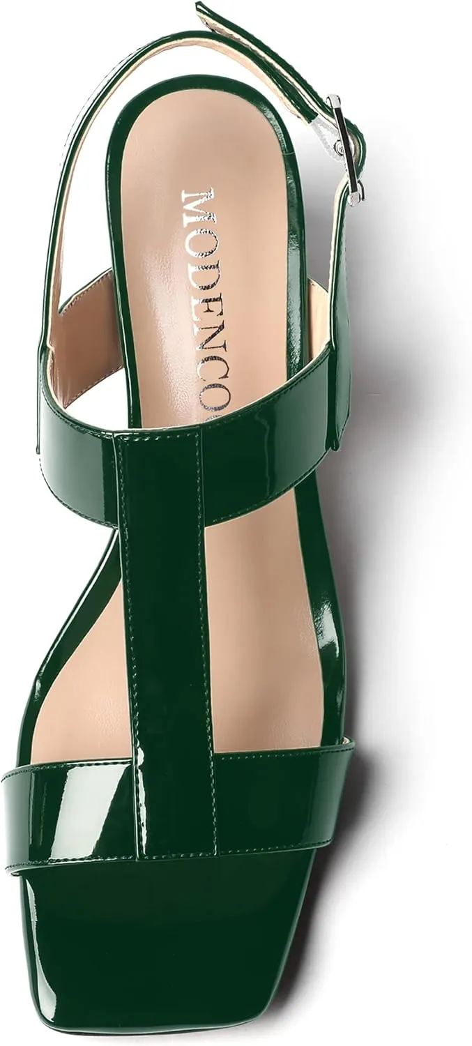 MODENCOCO Women's Buckle Dressy Patent Comfortable Dating Ankle Strap Open Toe Chunky Low Heel Heeled Sandals 2 Inch