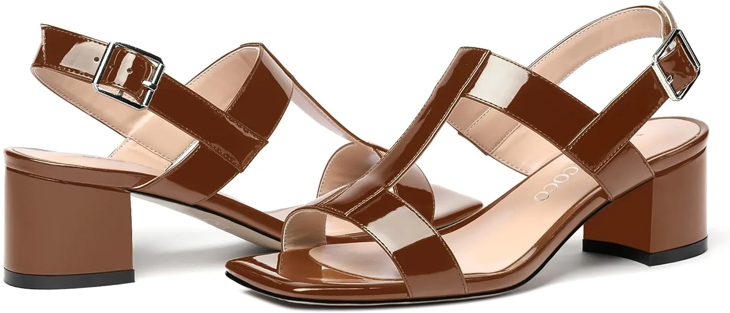 MODENCOCO Women's Buckle Dressy Patent Comfortable Dating Ankle Strap Open Toe Chunky Low Heel Heeled Sandals 2 Inch
