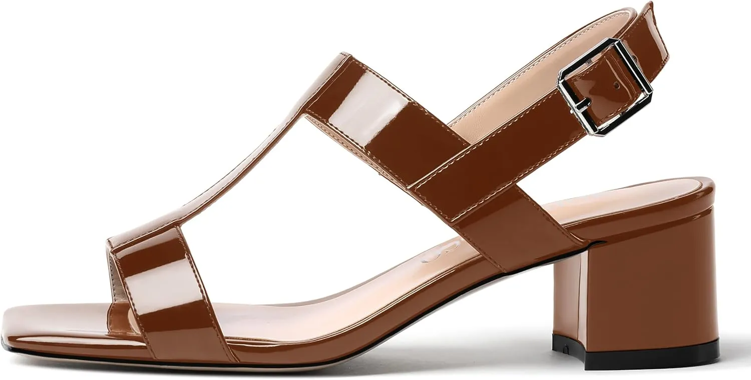 MODENCOCO Women's Buckle Dressy Patent Comfortable Dating Ankle Strap Open Toe Chunky Low Heel Heeled Sandals 2 Inch
