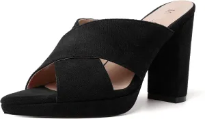 MODENCOCO Womens Sexy Evening Open Toe Slip On Platform Slide Suede Block High Heel Heeled Sandals 4 Inch
