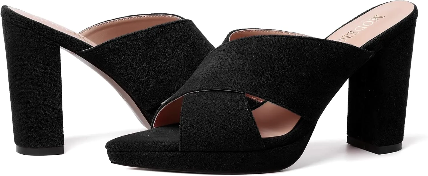 MODENCOCO Womens Sexy Evening Open Toe Slip On Platform Slide Suede Block High Heel Heeled Sandals 4 Inch