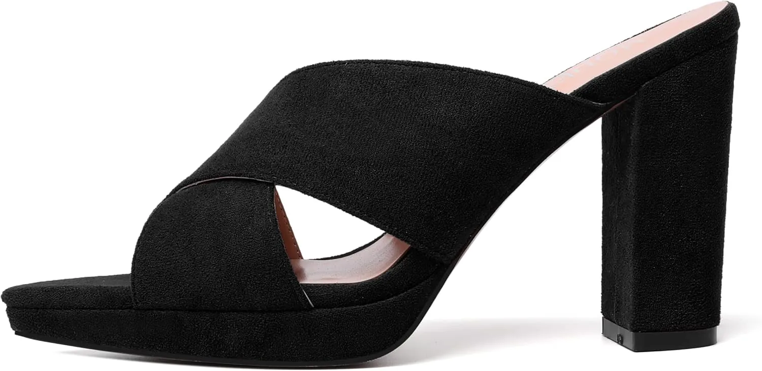 MODENCOCO Womens Sexy Evening Open Toe Slip On Platform Slide Suede Block High Heel Heeled Sandals 4 Inch