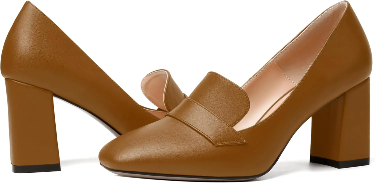 MODENCOCO Womens Sexy Formal Matte Slip On Square Toe Work Block High Heel Loafers Shoes 3.5 Inch