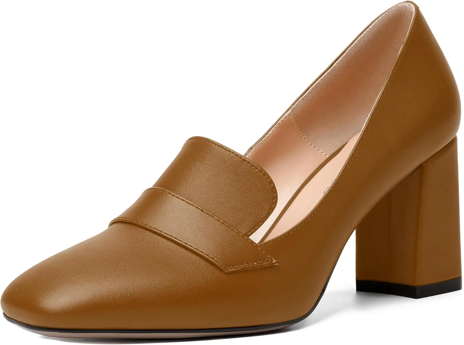 MODENCOCO Womens Sexy Formal Matte Slip On Square Toe Work Block High Heel Loafers Shoes 3.5 Inch