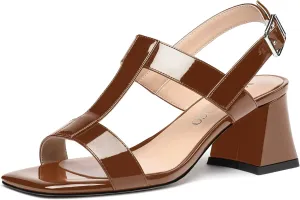 MODENCOCO Women's Strap Buckle Patent Slingback Dating Fashion Square Toe Chunky Low Heel Heeled Sandals 2 Inch