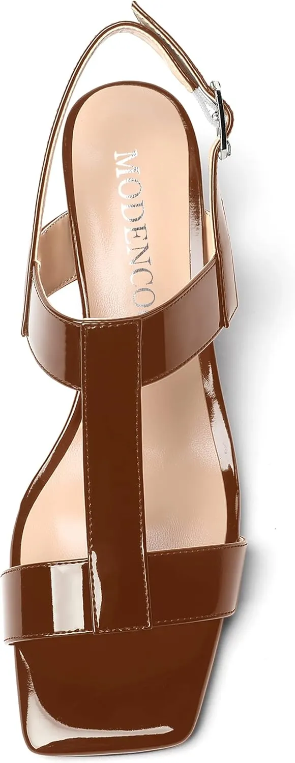 MODENCOCO Women's Strap Buckle Patent Slingback Dating Fashion Square Toe Chunky Low Heel Heeled Sandals 2 Inch