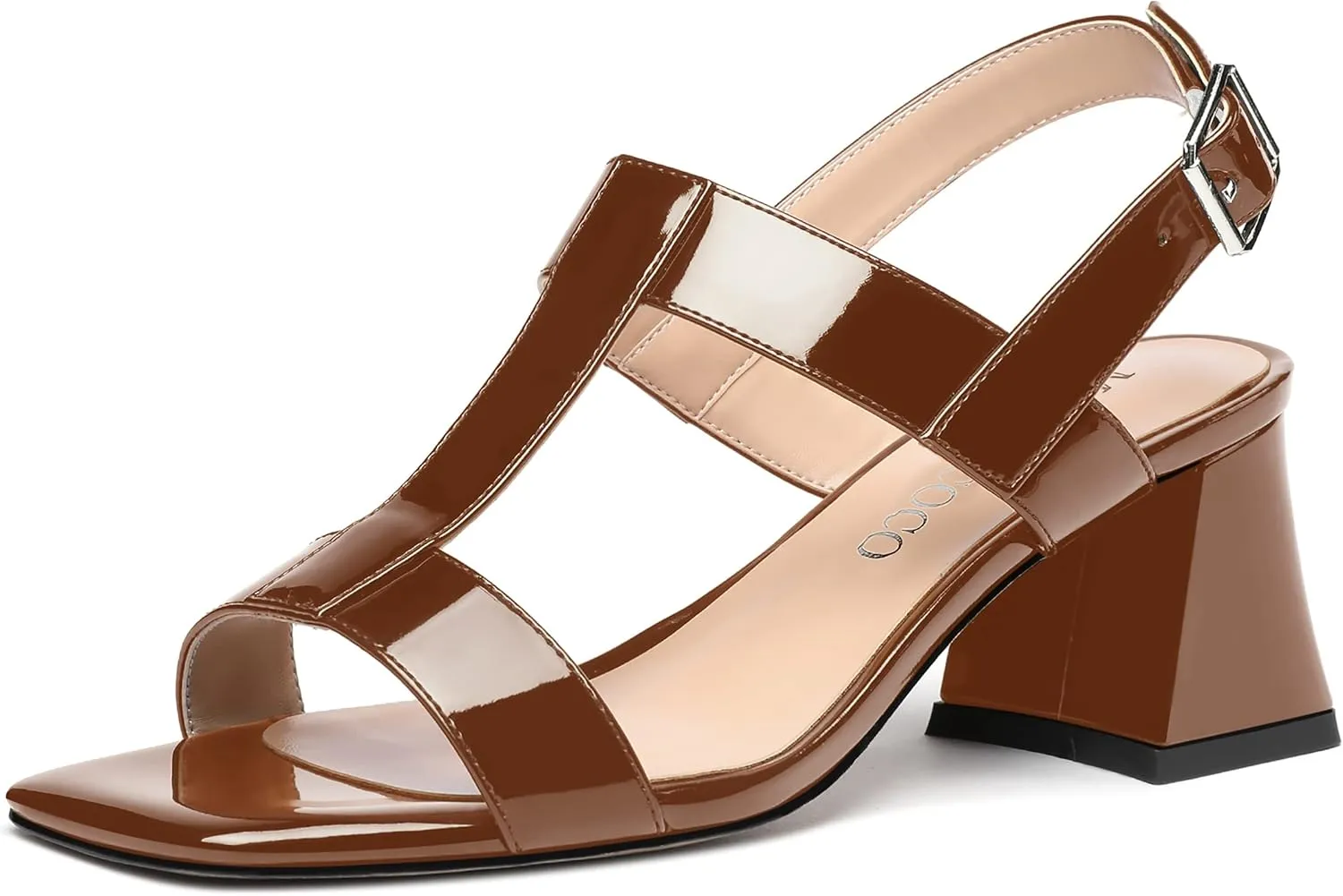 MODENCOCO Women's Strap Buckle Patent Slingback Dating Fashion Square Toe Chunky Low Heel Heeled Sandals 2 Inch