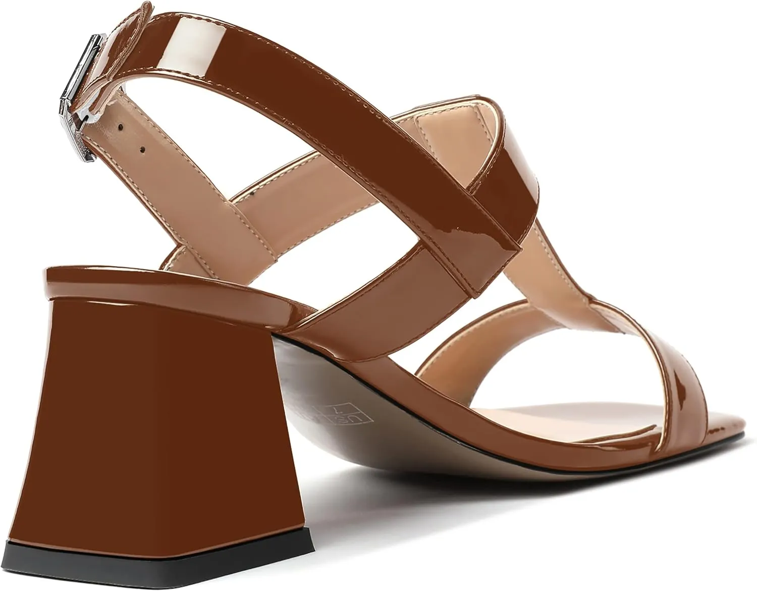 MODENCOCO Women's Strap Buckle Patent Slingback Dating Fashion Square Toe Chunky Low Heel Heeled Sandals 2 Inch