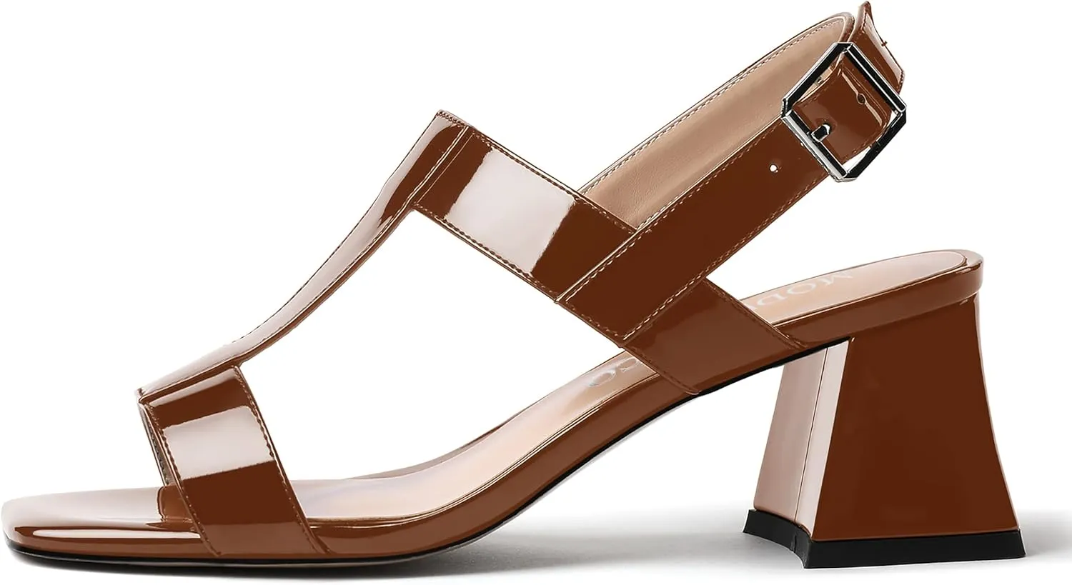 MODENCOCO Women's Strap Buckle Patent Slingback Dating Fashion Square Toe Chunky Low Heel Heeled Sandals 2 Inch